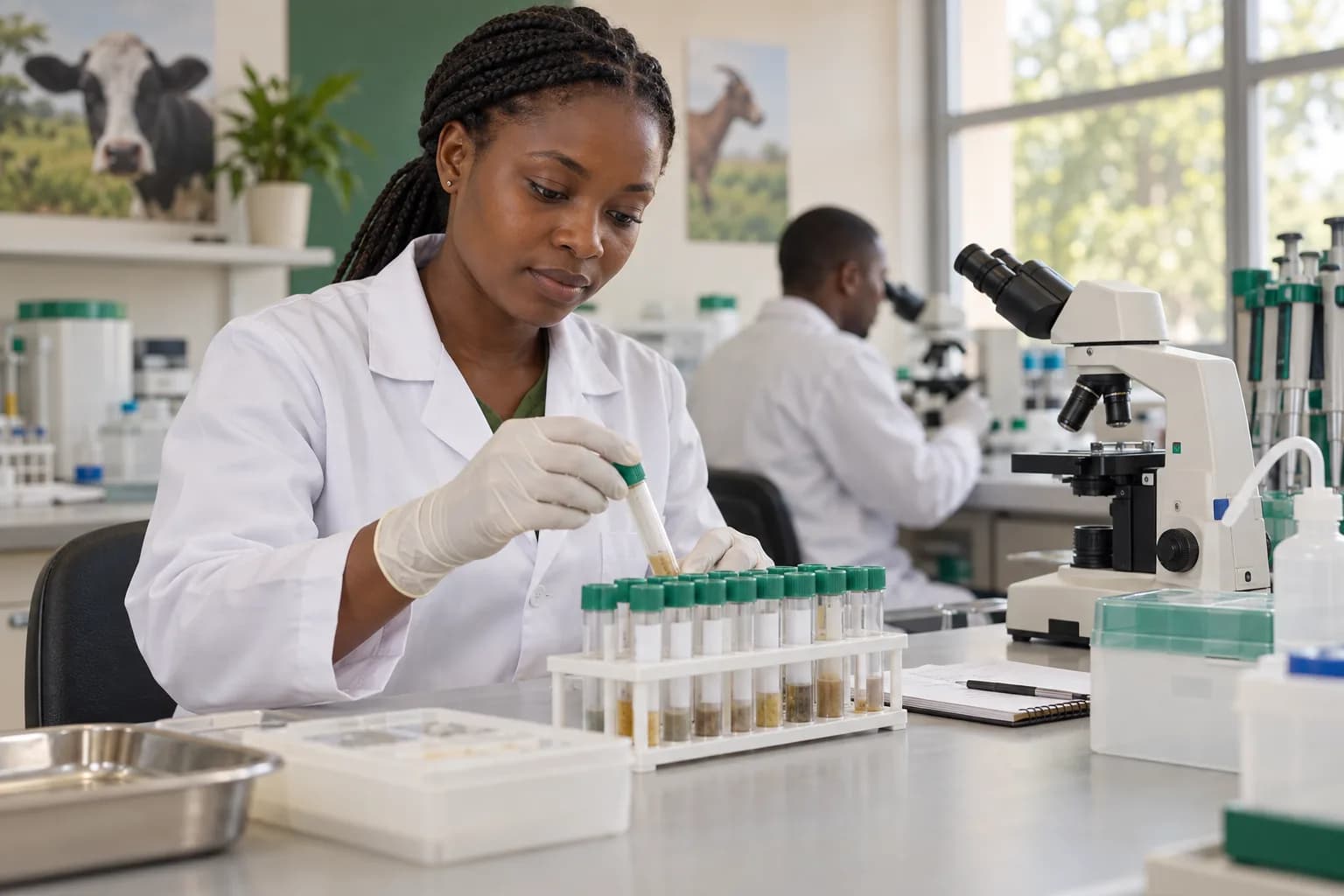 Une professionnelle analyse des prélèvements dans un laboratoire vétérinaire — illustration.